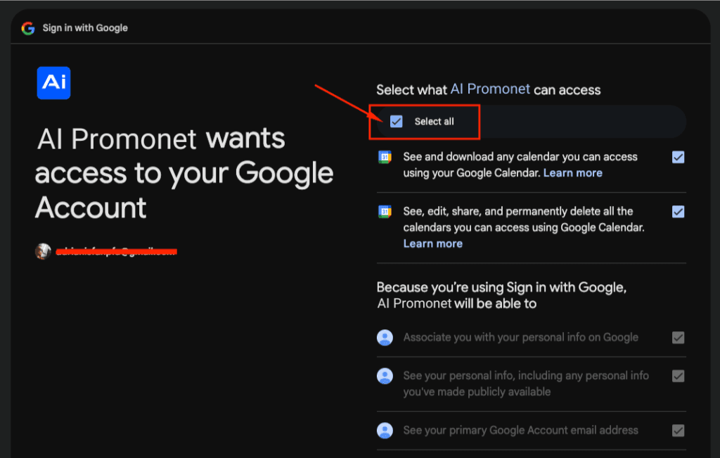 AI Promonet wants access to your Google Account