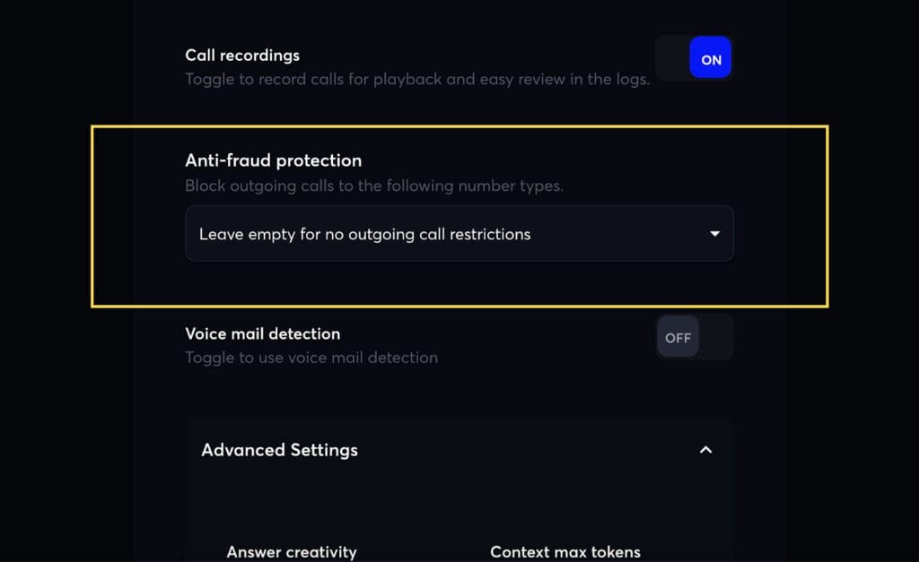 Anti-fraud protection Settings